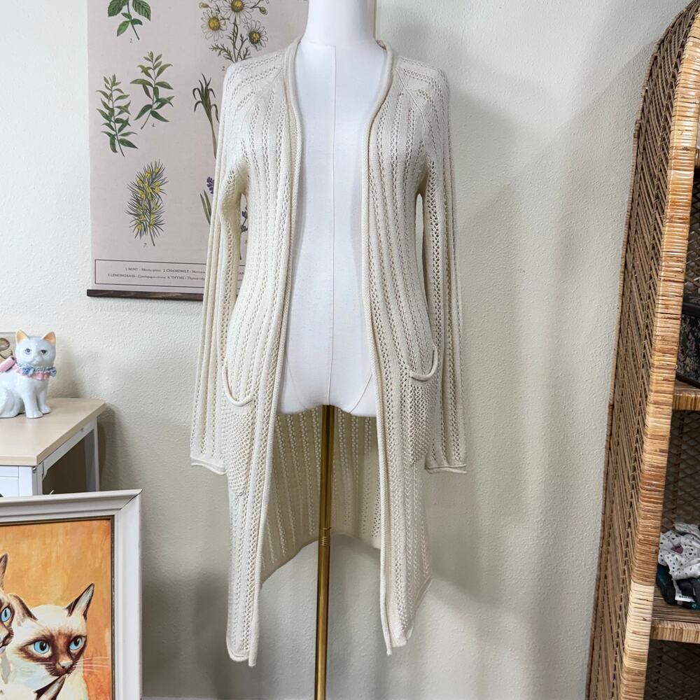 Cream Open Knit Long Cardigan Sweater Boho Hippie Fairy Grunge Coastal Grandma M